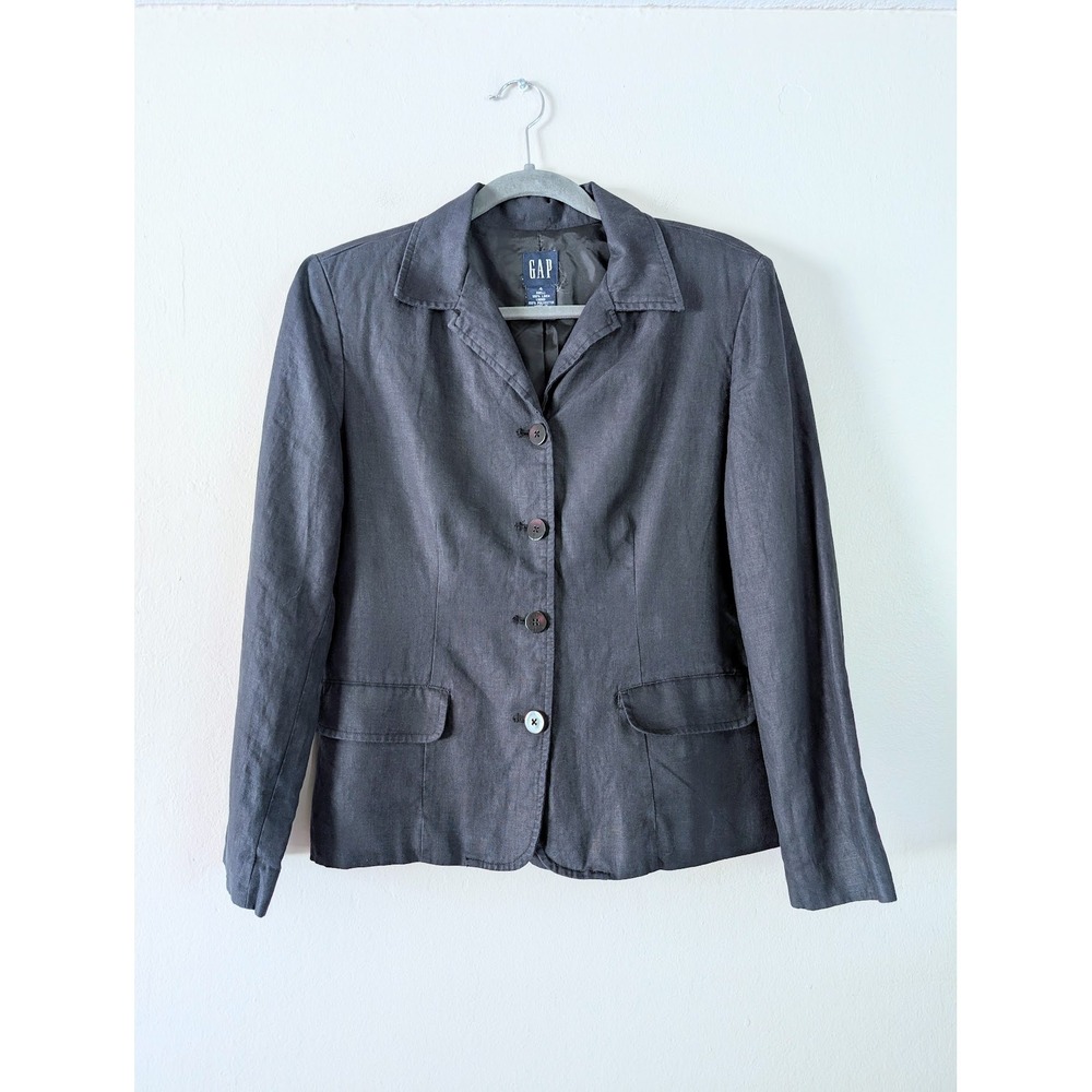 GAP Womens M Linen Blazer Shoulder Pad Tailored Work Professional Corporate Navy